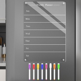 9"x13" Clear Weekly Meal Planner   Board,  Dry Erase Board for Fridge,  Week Calendar for Refrigerator Includes 6 Colors Markers and Pen Container - Color: Clear Monthly Planner, Size: 16 "x 12 "