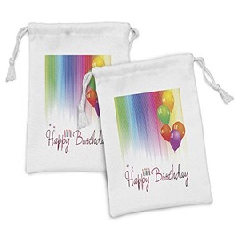 Ambesonne Birthday Fabric Pouch Set of 2, Rainbow Colored Striped Backdrop Balloons Lettering Candles Artwork Prit, Small Drawstring Bag for Toiletries Masks and Favors, 9" x 6", Multicolor