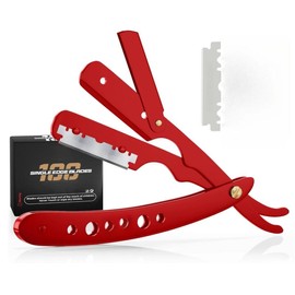 Professional Barber Straight Razor for Men – Black Straight Edge Razor with 100 Safety Blades Included:_Red