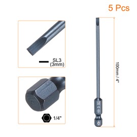 sourcing map 5pcs SL3 Magnetic Slotted Screwdriver Bits 3mm S2 Steel Flat Head Screwdriver Bit 1/4" Hex Shank Screw Driver Drill Bits 100mm (4") Long for Screws
