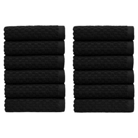 COTTON CRAFT Euro Spa Waffle Wash Cloth - Set of 12 Luxury Pure Ringspun Cotton Waffle Weave Bathroom Face Towel - Everyday Absorbent Hotel Gym Shower Beach Kitchen Travel Dorm - 12x12 inches - Black