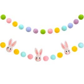 2 Pieces Easter Felt Garland Wool Felt Rabbit Pom Pom Garland Bunny Ball Colorful Pom Pom Garland for Easter Party Decoration Supply