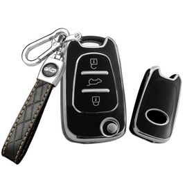 HIBEYO Key Fob Cover Compatible with Hyundai I20 I30 Elantra Azera Veracruz Veloster Kia Rio K7 K5 Sportage Sorento Car Accessories TPU Silver-Edge Car Accessories with Leather Keychains-Black