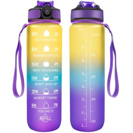 Sports Water Bottle 1L / 32oz with Straw – BPA-Free, Leakproof Flip Lid, Time Marker, Motivational Reusable Bottle. (Gradient Color Scheme, Blending from Yellow at the Top to Purple at the Bottom.)