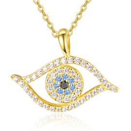 KINGWHYTE Evil Eye Necklace 925 Sterling Silver Demon Eye Protection CZ Necklace 24K Gold Plated Lucky Amulet Necklace Evil Eye Jewellery Gifts for Women, Sterling Silver, Cubic Zirconia