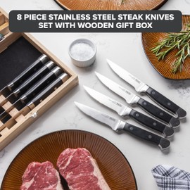 Viking Steak Knife Set, 8 Piece Stainless Steel Kitchen Knives Set with ABS Polymer Handles, Includes Wooden Gift Box, Hand Wash Only, Black