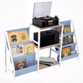 FurnitureR Vinyl Record Player Stand with 3-Tier Storage and Dual-Sided Fabric Pockets – Turntable Media Console Table, Magazine Organizer Shelf for Albums, Speakers, Books – Oak & White/Blue