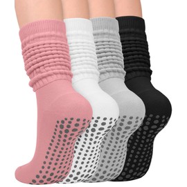 yeuG 4 Pairs Grip Pilates Socks for Women Yoga Slouch Socks with Grips for Barre Grippy Socks Long Scrunch Slipper Socks, 02 Black/Pink/Light Grey/White, Small-Medium