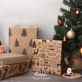 Ribbli Christmas Wrapping Paper - Brown Kraft Paper with Back Christmas Elements Pattern, 4 Rolls Vintage Christmas Printed Assortment - 30 inch x 120 inch(10feet) Per Roll