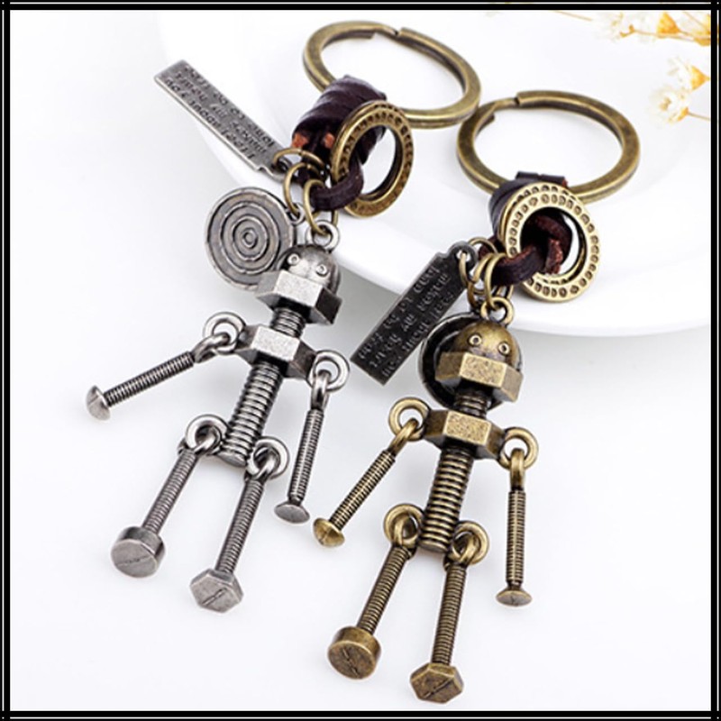 White Fang AZ293 Keyring, Keychain, Leather, Robot, Screw, Retro, Charm,