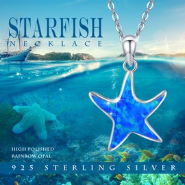 CUOKA MIRACLE Starfish Necklace 925 Sterling Silver Dark Blue Opal Starfish Jewelry Ocean Necklace Sea Star Pendant Necklace Beach Jewelry for Women Jewelry Gifts