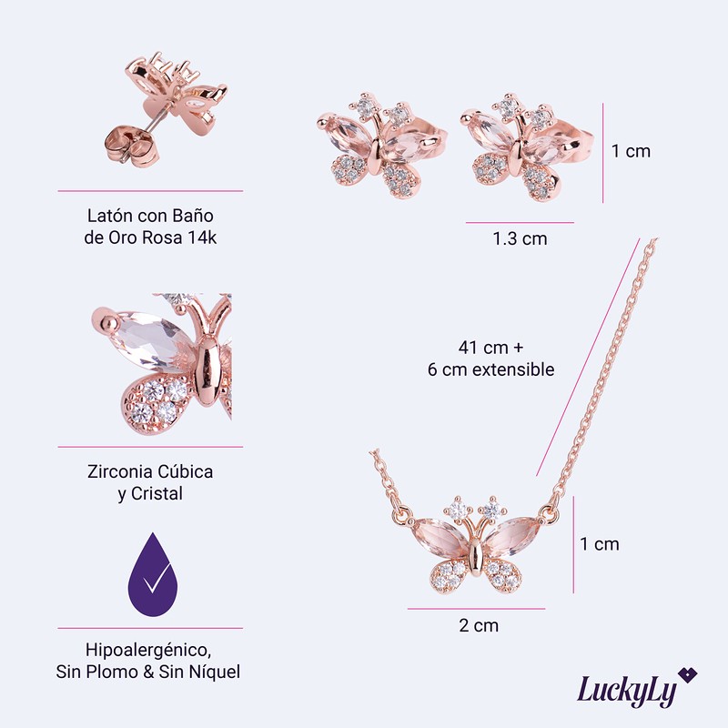 LuckyLy Set Joyería Mujer Mariposas, Baño de Oro Rosa 14k,