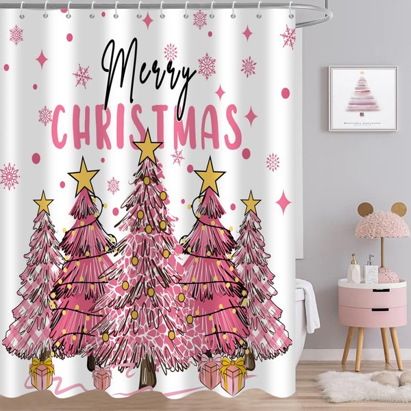 Caheansi Merry Christmas Shower Curtain, Pink Buffalo Check Plaid Xmas