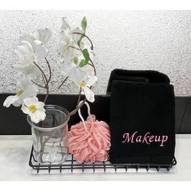 Makeup Remover Eraser Cloths. Reusable towel set. Facial Cleansing washcloths. 100% Cotton. Set of five. (Black & Pink Embroidery, 13 X 13)