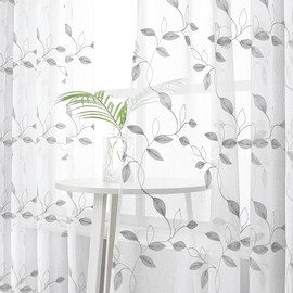 Tollpiz Grey Leaf Sheer Curtains Leaves Embroidered Living Room Curtain Rod Pocket Voile Window Treatments for Bedroom, 54 x 63 inches Long, Set of 2 Panels