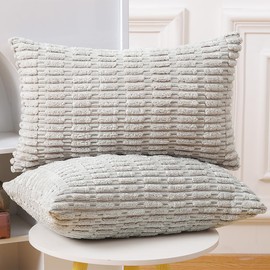 MADIZZ Pack of 2 Boho Striped Corduroy Throw Pillow Covers 12x20 Inch Grey Soft Decorative Cushion Cover for Sofa Bedroom Pillow Shell