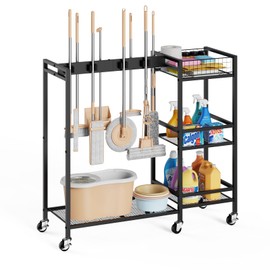 Broom Holder with Cleaning Supplies Organizer, Movable Broom Closet Storage Cabinet with Cleaning Caddy, Cleaning Cart with Mop Rack, Janitorial Housekeeping Cart on Wheels, Laundry Room Organization