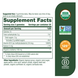 MegaFood B12 Energy Gummies - Supports Energy Metabolism - with Real Fruit - Certified Vegan, Certified Organic, Non GMO - Cranberry Flavor - 70 Gummies (35 Servings)
