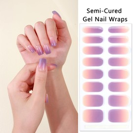 SILPECWEE Semi Cured Gel Nail Strips (Gradient Pink & Purple - 16PCS), Gel Nail Stickers Full Nail Wraps Need UV Light, Salon Quality & Easy to Use - with Prep Pads, Nail File, Wood Stick