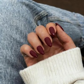 Uñas postizas de gel suave con punta francesa, cortas, almendradas, rojo oscuro brillante con base roja mate, con pegamento para uñas, adhesivas clási