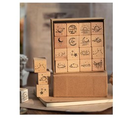 Alideco Moon and Six Pence Wooden Rubber Stamp Set Creative Stamp Set Craft Card Scrapbooking Notebook 16 Pieces in Box (yueliangyuliubianshi)