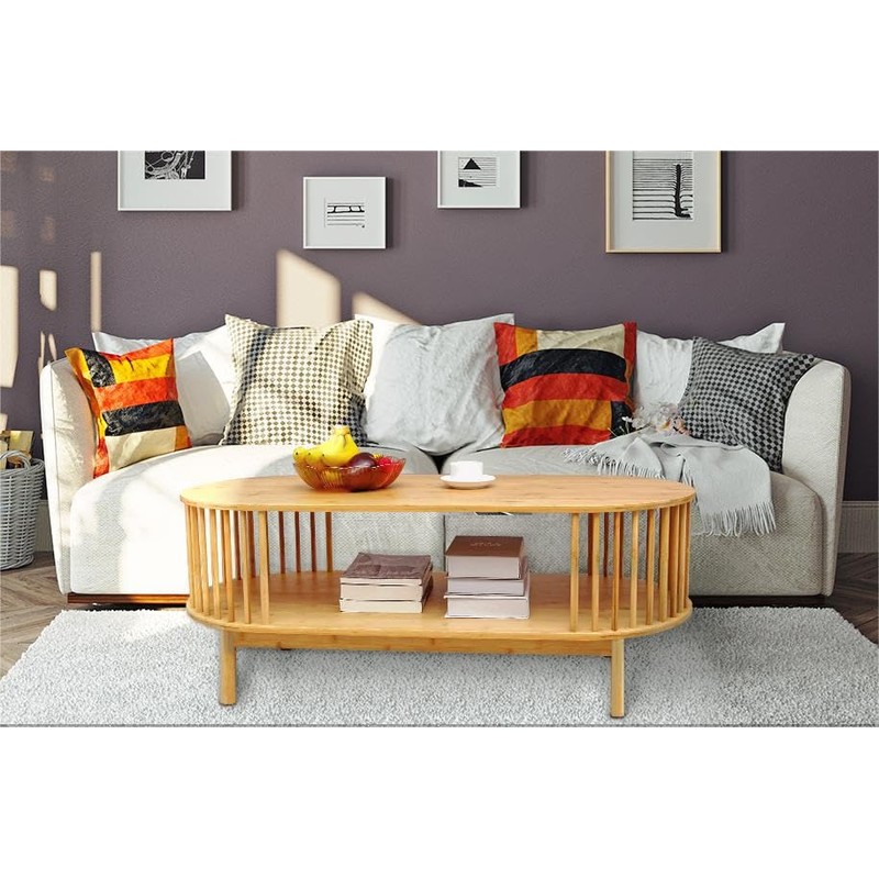 VaeFae Oval Coffee Table, Bamboo Coffee Table for Living Room,