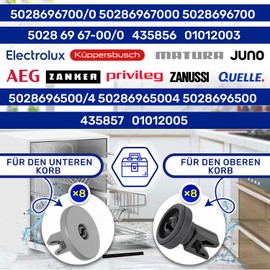 Set of 8 lower dishwasher basket wheels and 8 pieces upper dishwasher basket wheel with the original code 50286965004 50286964007 50286967000 for Electrolux MONTERAL