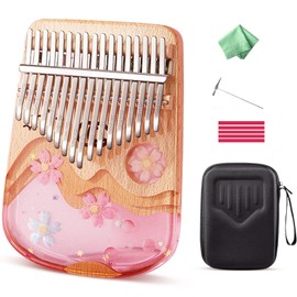 Fiunkes Kalimba 21 Keys Thumb Piano C Tone with EVA Bag, Mbira Calimba in Crystal & Wooden, Stickers, Tuning Hammer, Cleaning Cloth, 17 Keys Finger Piano Musical Gift,17keys Sakura