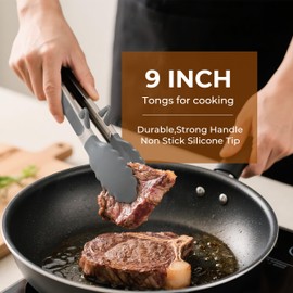 FINENUT Stainless Steel&Silicone Food Tongs Set of 3 (9+9+12 Inch) - BPA-Free&Heat Resistant Non-Scratch BBQ&Cooking Tools,Strong Grip Locking for Grilling,Pasta,Air Fryer,Salad,Dishwasher Safe (Gray)