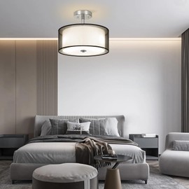 Ceiling Light, 3-Light Ceiling Light Fixture, Semi Flush Mount Ceiling Light, Light Fixtures Ceiling Mount with Double Fabric Shade, Bedroom Lights for Ceiling, Black