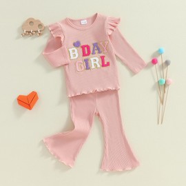 MAHUAOYIXI Baby Girl 2Pcs Birthday Outfits Long Sleeve Letter Embroidery Tops Flying Sleeve + Flare Pants Set Toddler Girls Clothes Birthday Clothing Set (Pink, 12-18 Months)