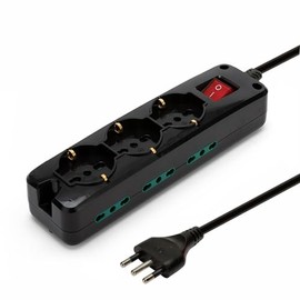 9-way power strip: 3 Schuko sockets + 6 two-value sockets 10/16 A. Cable 1.5 m and switch