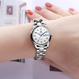 OLEVS Watches for Women UK Ladies Analog Quartz Silver and Gold Women's Watches Date Day Stainless Steel Waterproof Large Numbers Easy Read Dress Wrist Watches