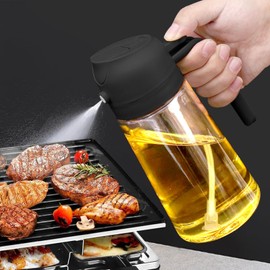 2 in 1 Oil Dispenser and Oil Sprayer, 470ml Oil Dispenser Bottle Spray and Pour, Glass Olive Oil Sprayer for Cooking, Food-Grade Oil Spray Bottle Mister Spritzer for BBQ, Air Fryer, Kitchen (Black)