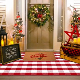 Christmas Red and White Plaid Rug - 4' x 6' Outdoor Front Door Decor Mat Cotton Washable Hand-Woven Rug Christmas New Year Holiday Porch Entryway Layered Doormat