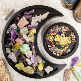 Mooncraftlogy Crescent Moon Tray Crystal Holder Set, Black Wooden Display for Stones Storage, Wicca Lunar Phases Organizer for Essential Oil Rocks, Altar Table Home