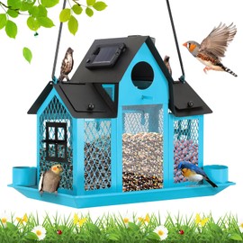Solar Bird Feeders House for Outside Hanging, Metal Wild Bird Feeder for Outdoors, Large Cardinal Bird Feeder Birdhouses Squirrel Proof (Blue)