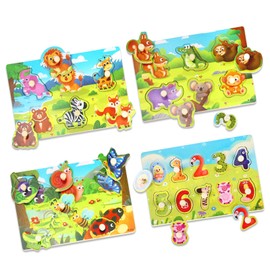 Wooden Puzzles for Toddlers, 4 Pack Animal Theme Jumbo Knob Wooden Matching Jigsaw with Handles, Montessori Preschool Educational Peg Puzzle Set Toys for Boy Girl Ages 1+