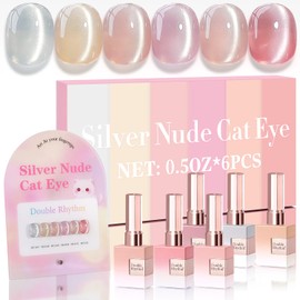 Double Rhythm Cat Eye Gel Nail Polish Set of 6 Same Color Same Bottle 0.5 Oz Shimmer Glitter with Magnet Holographic Reflective Magnetic UV Nail Polish Kit at Home (Silver Nude Pink-T6-27)