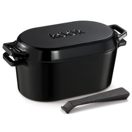 KooK Dutch Oven, for Bread Baking, Sourdough Loaf Pan, with Lid, Dual Handles, Enameled Cast Iron, includes Lid Lever, Dishwasher Safe, 3.4 Qt, Black