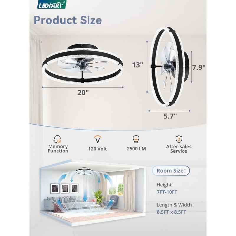 LEDIARY Ceiling Fans with Lights and Remote, 20'' Low Profile
