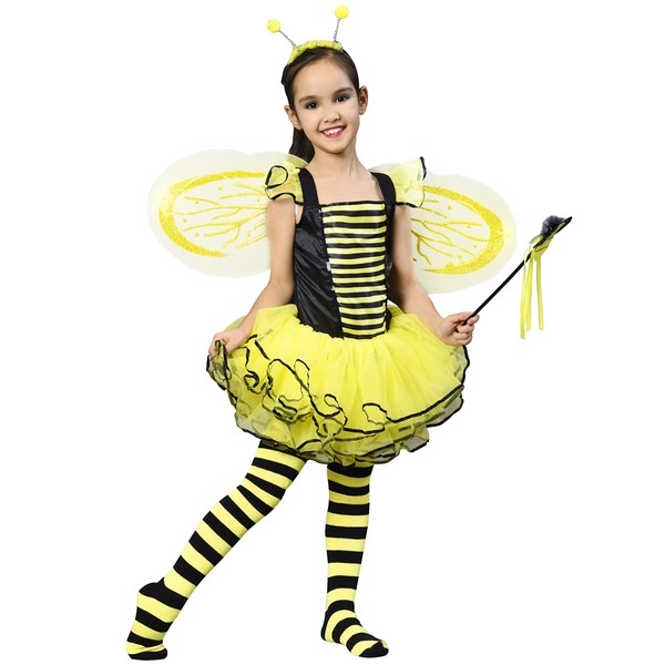 IKALI Bumble Bee Costume for Girls, Kids Honeybee Fancy Dress Up Outfit, Fairy Ballerina Tutu Skirt Set 7-8 Years