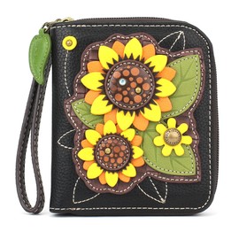 CHALA Zip Around Wallet, Wristlet, 8 Credit Card Slots, Sturdy Pu Leather - Sunflower Group - Black