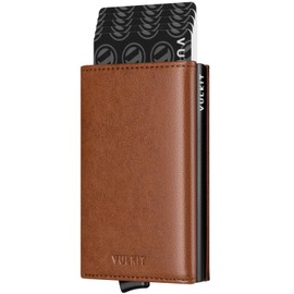 VULKIT Pop up Card Wallet Minimalist Cash Wallets RFID Blocking Leather Smart Credit Card Holder with ID window for Men(Brown)