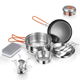 Odoland 10pcs Stainless Steel Camping Cookware Camping Pot and Pan Set with Portable Camping Stove Camping Mess Kit with Plates Bowls Forks Knives Spoons for Hiking Backpacking and Picnic