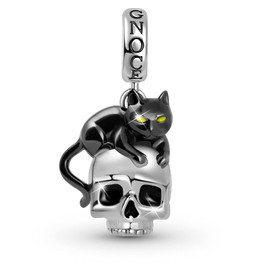 GNOCE Black Cat with Skull Pendant Charm Sterling Silver Gold Plated Dangle Charm Fit Bracelet/Necklace Charm for Women Wife (Silver)
