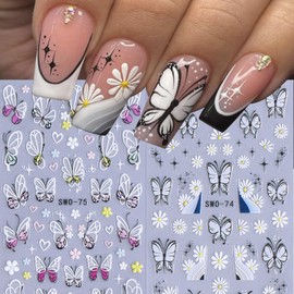 Butterfly Nail Stickers for Nail Art Daisy Flower Nail Decals 5D Embossed Colorful Butterfly Floral Heart Star Design Spring Nail Sliders Manicure Butterfly Stickers for Women Nail Decorations 2PCS
