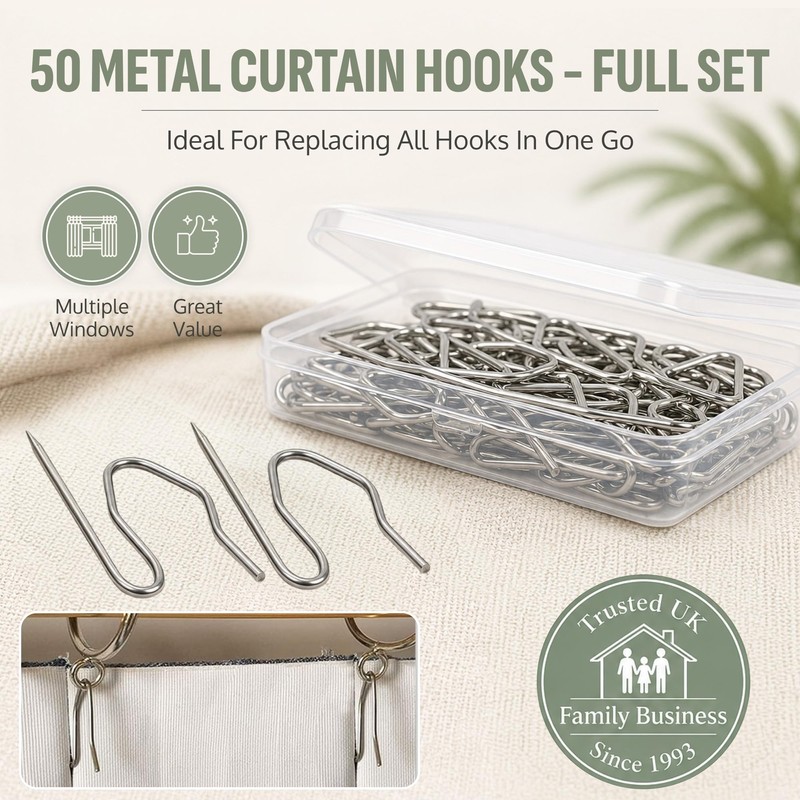 Curtain Hooks - Heavy Duty Metal Pin Hooks, 50 Pack