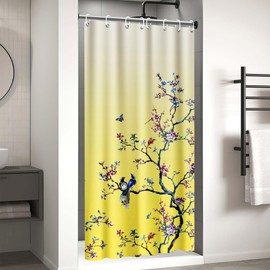 LIVETTY Yellow Bird Floral Shower Curtain 90cm × 180cm Mould Proof Butterfly Fabric Bathroom curtain For Women & Men With 12 Hooks Washable Quick-Drying Curtains