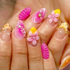 3D Flower Press on Nails Almond Medium Fake Nails French Tip False Nails with Designs Cute Press on Acrylic Nails Glossy Pink Glue on Nails Floral Stick on Nails Summer Artificial Nails for Women